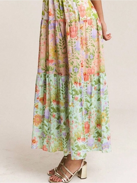 Dresses & Skirts - Pastel Floral Tiered Maxi Skirt - Pink & Green